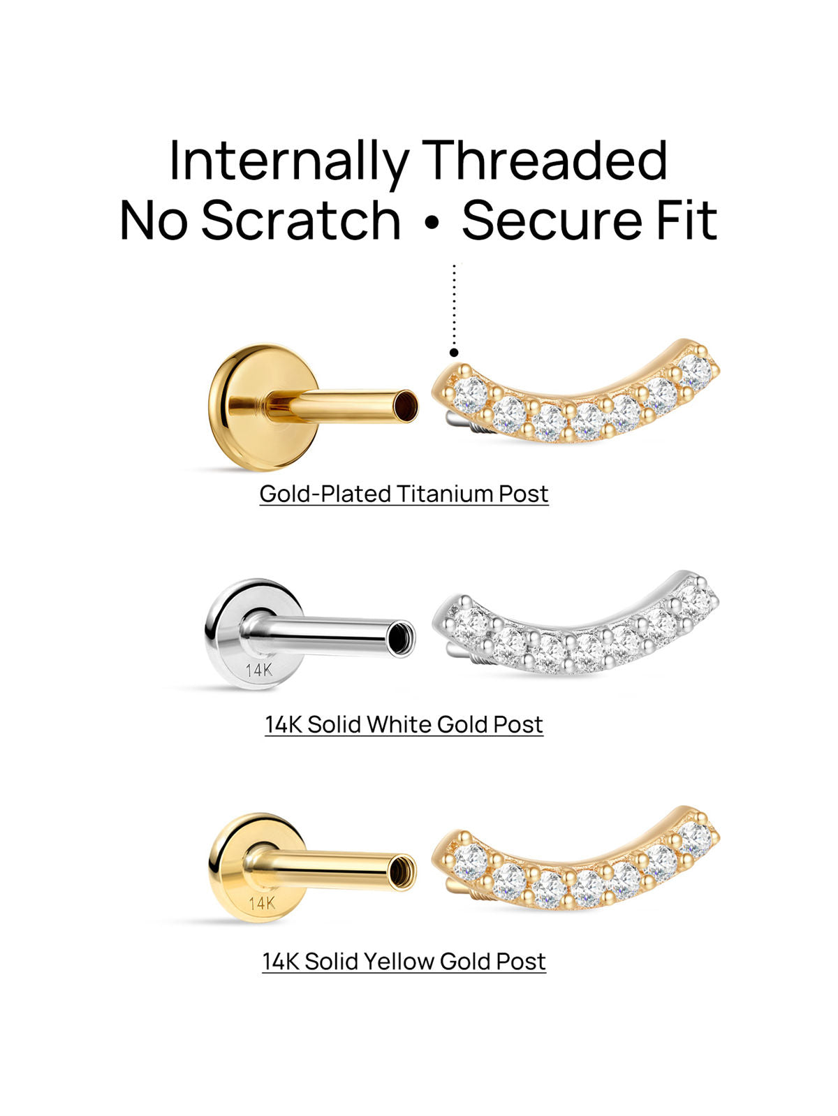 KOSINER 14K Solid Gold Elegant Pave Curved Flat Back Stud