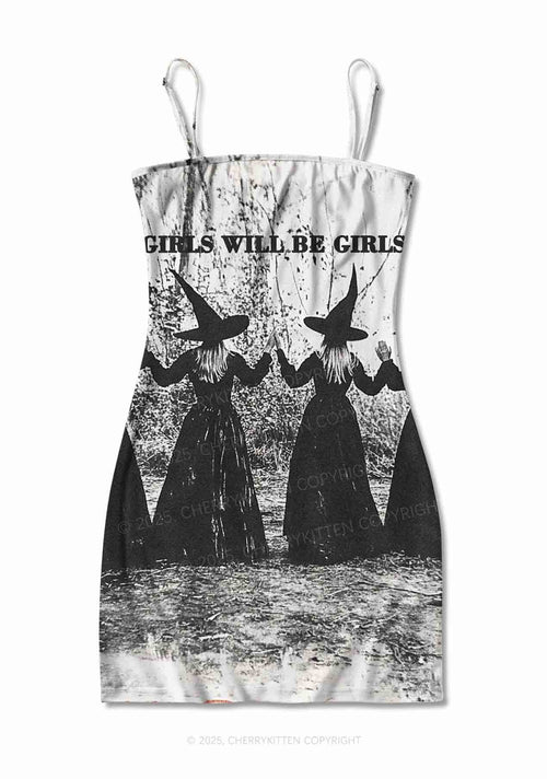 Halloween Girls Will Be Girls Y2K Print Slip Dress Cherrykitten