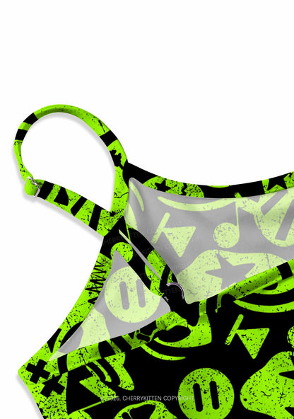 Green Alien Doodle Y2K Print Slip Dress Cherrykitten