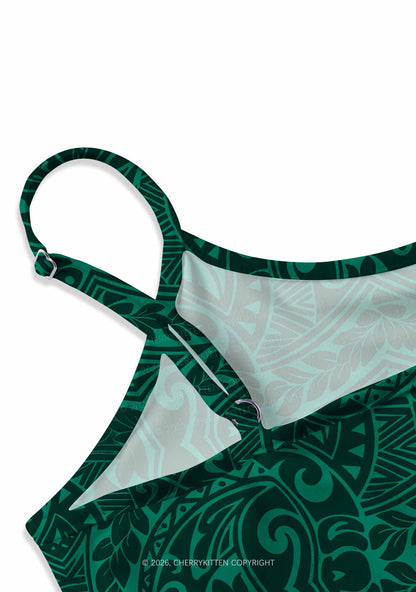 Green Swirl Leaf Y2K Print Slip Dress Cherrykitten