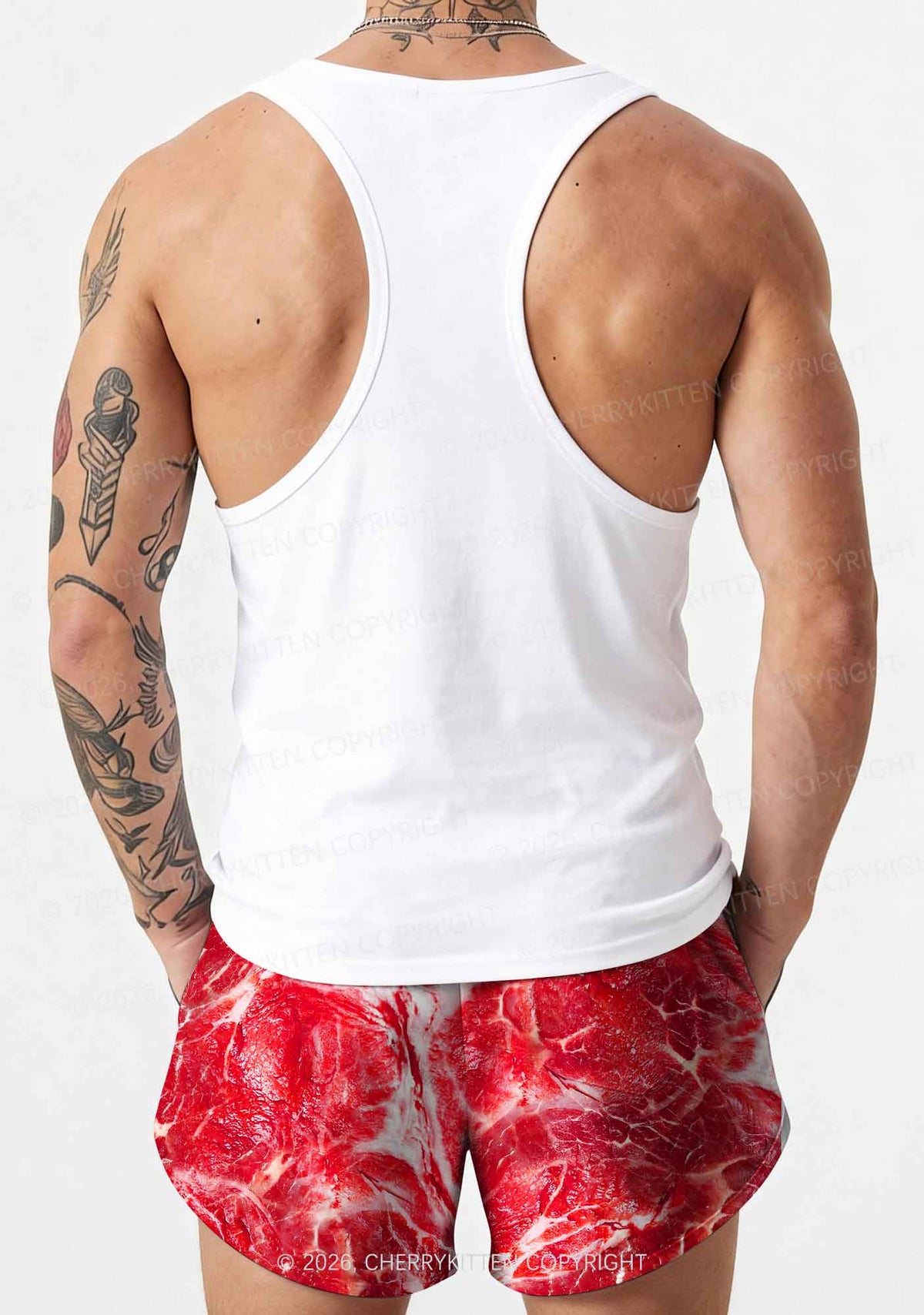 Beef Steak Texture Y2K Print Men Beach Shorts Cherrykitten