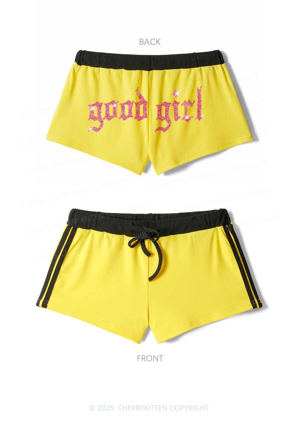 Rhinestone Good Girl Y2K Drawstring Mini Shorts Cherrykitten