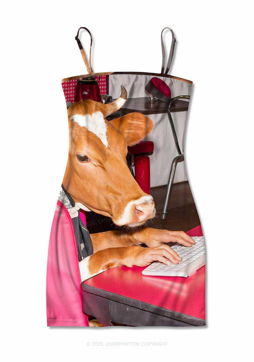 Cow Typing Keyboard Y2K Print Slip Dress Cherrykitten