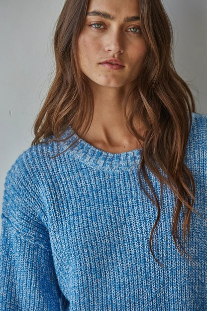 Knit Sweater Cotton Ribbed High Mock Neck Top - Blue