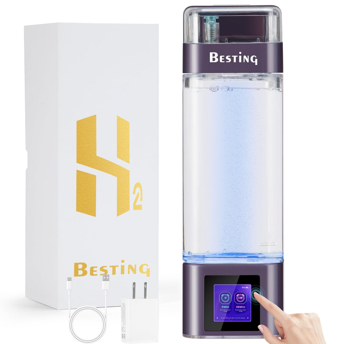 BESTING Hydrogen Water Bottle 12000PPB Upgrade Smart Touchscreen Control SPE Hydrogen Generator Portable Hydrogen Water Machine Easy to Use for Improved Energy Inflammation Support 350ml