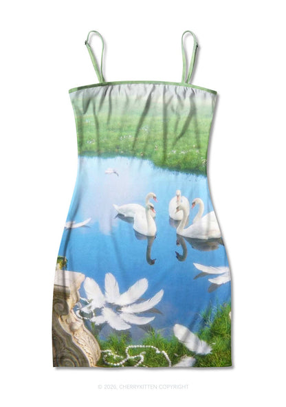 Pastoral Swan Y2K Print Slip Dress Cherrykitten