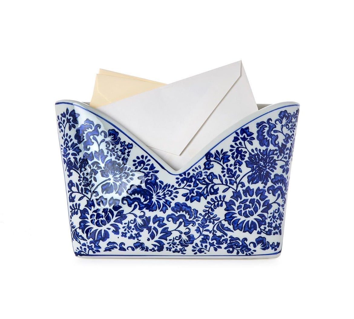 Chinoiserie Hand-Painted Blue and White Floral Letter Holder - Porcelain