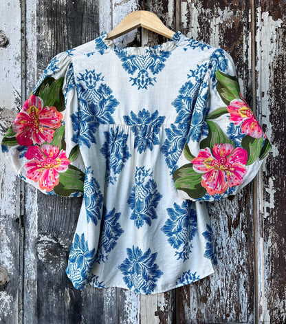 Embroidered Puff-Sleeve Top