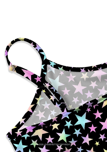 Rainbow Star On Black Y2K Print Slip Dress Cherrykitten