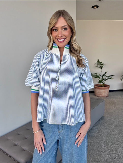 The Lila Chambray Stripe Zip Sucker Top-Blue/White