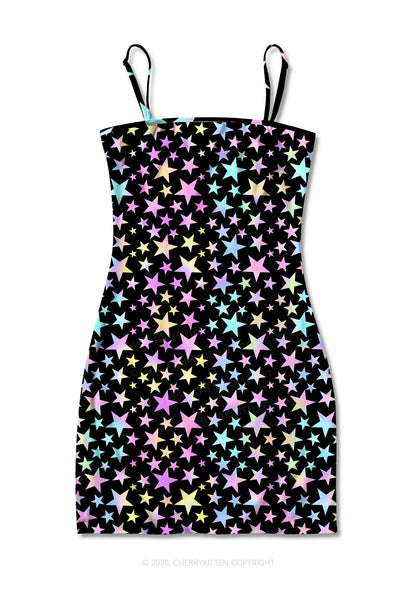 Rainbow Star On Black Y2K Print Slip Dress Cherrykitten