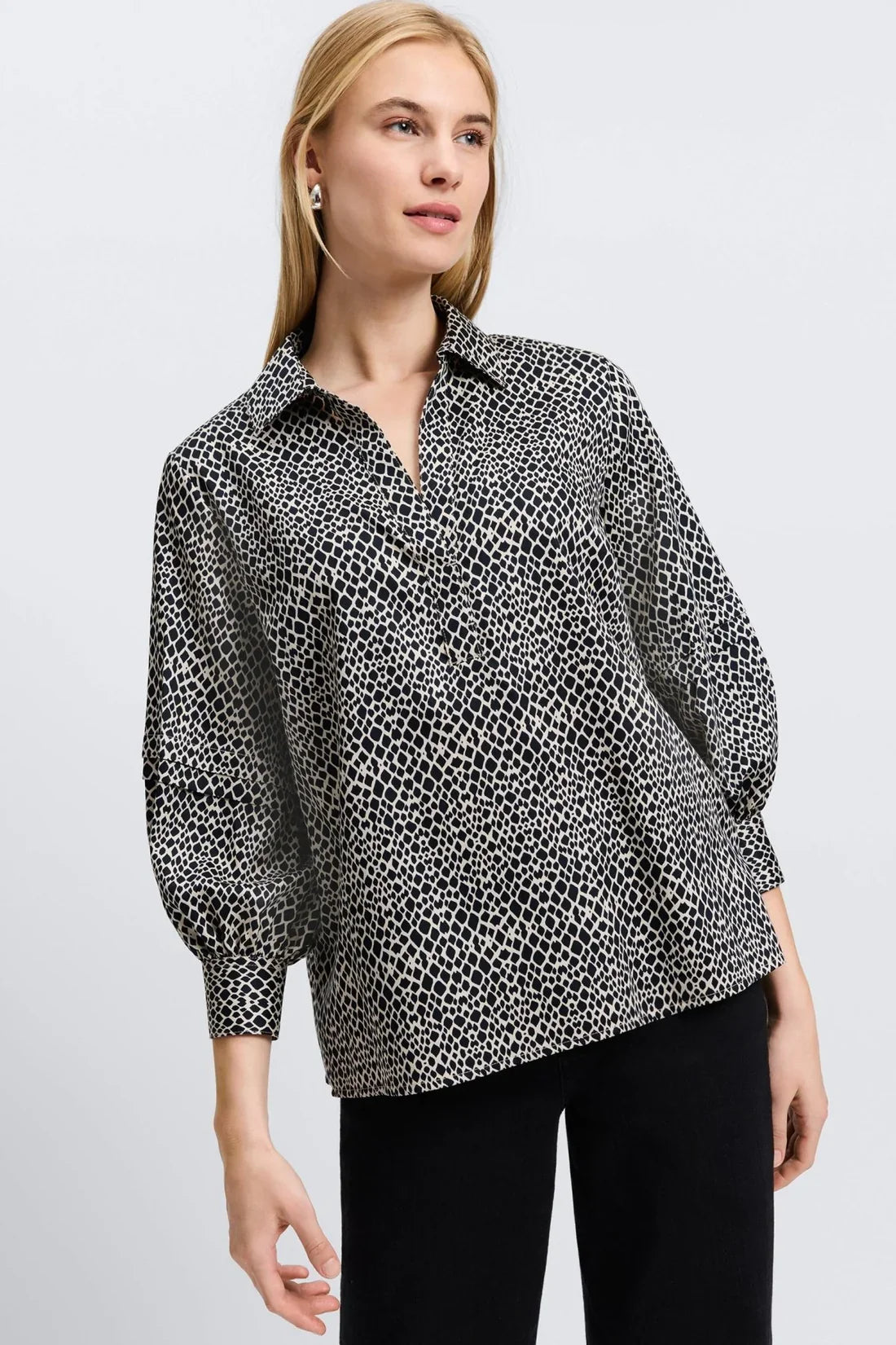 Frankie Popover Top-Black/White Snakeskin