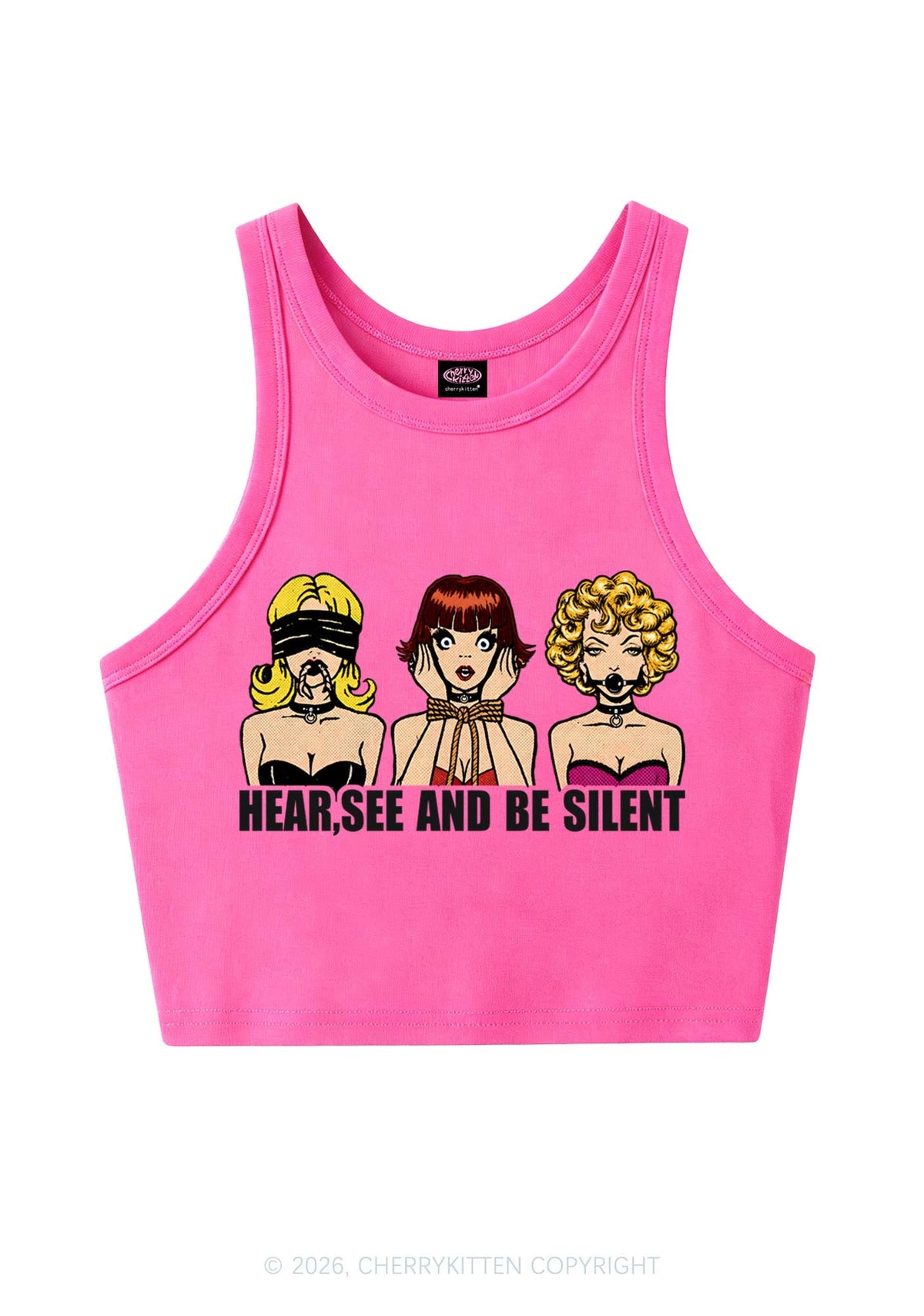 Hear See Be Silent Y2K Crop Tank Top Cherrykitten