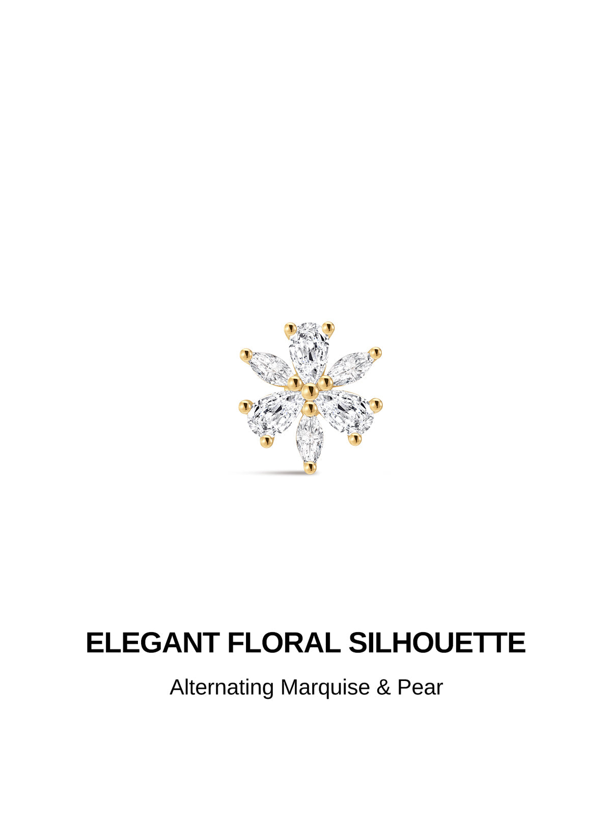KOSINER Marquise 14K Solid Gold Six-Petal Flower Flat Back Stud