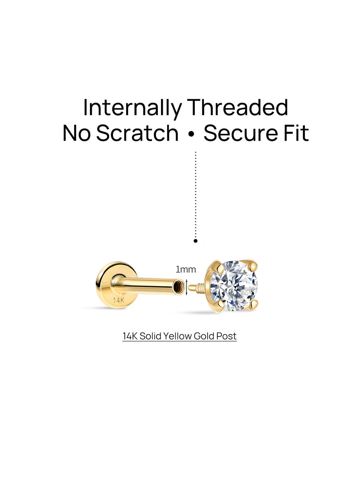 KOSINER 14K Solid Gold Minimalist Moissanite Flat Back Stud