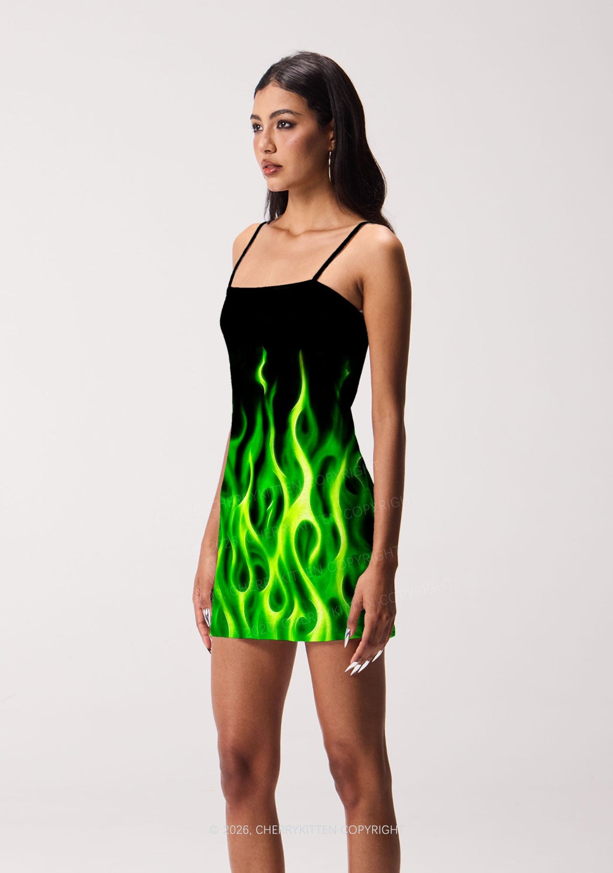 Neon Green Flame Y2K Print Slip Dress Cherrykitten