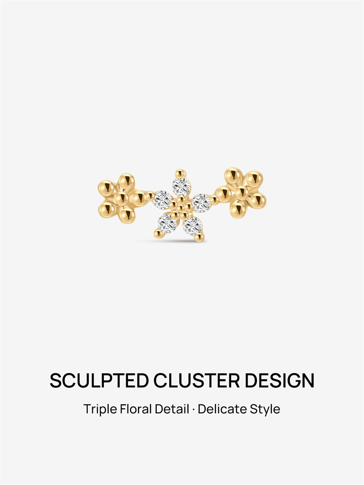 KOSINER 14K Solid Gold Elegant Flower Trio Flat Back Stud