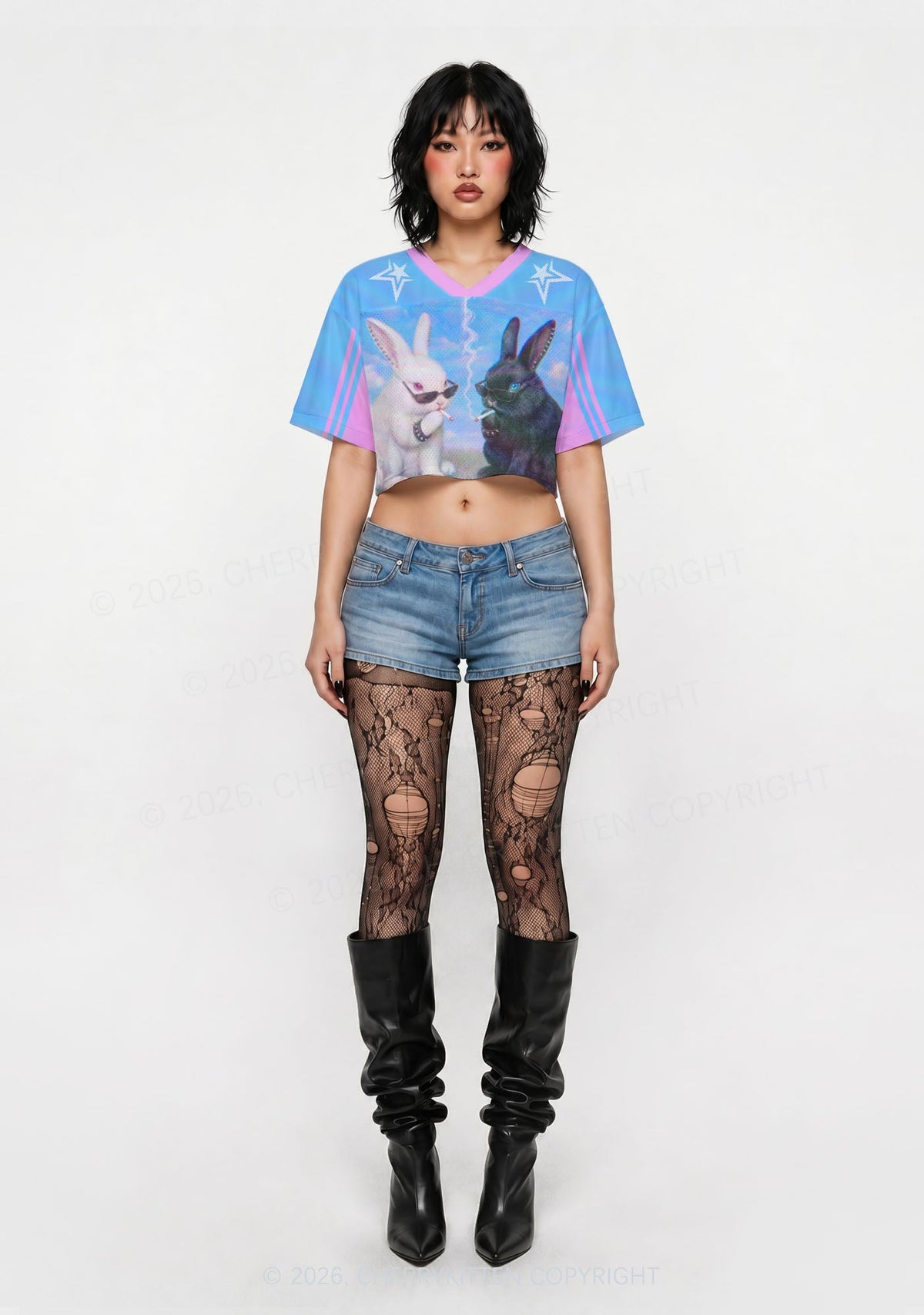 Smoking Punk Bunny Y2K Crop Sport Jersey Shirts Cherrykitten