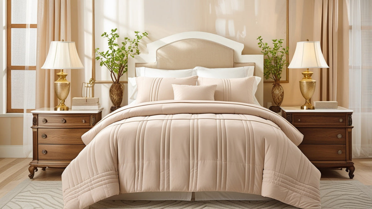 Apricot Beige Comforter Set – 7 Piece Bedding in a Bag, Soft All-Season King Comforter