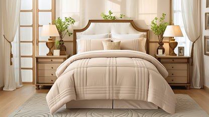 Apricot Beige Comforter Set – 7 Piece Bedding in a Bag, Soft All-Season King Comforter