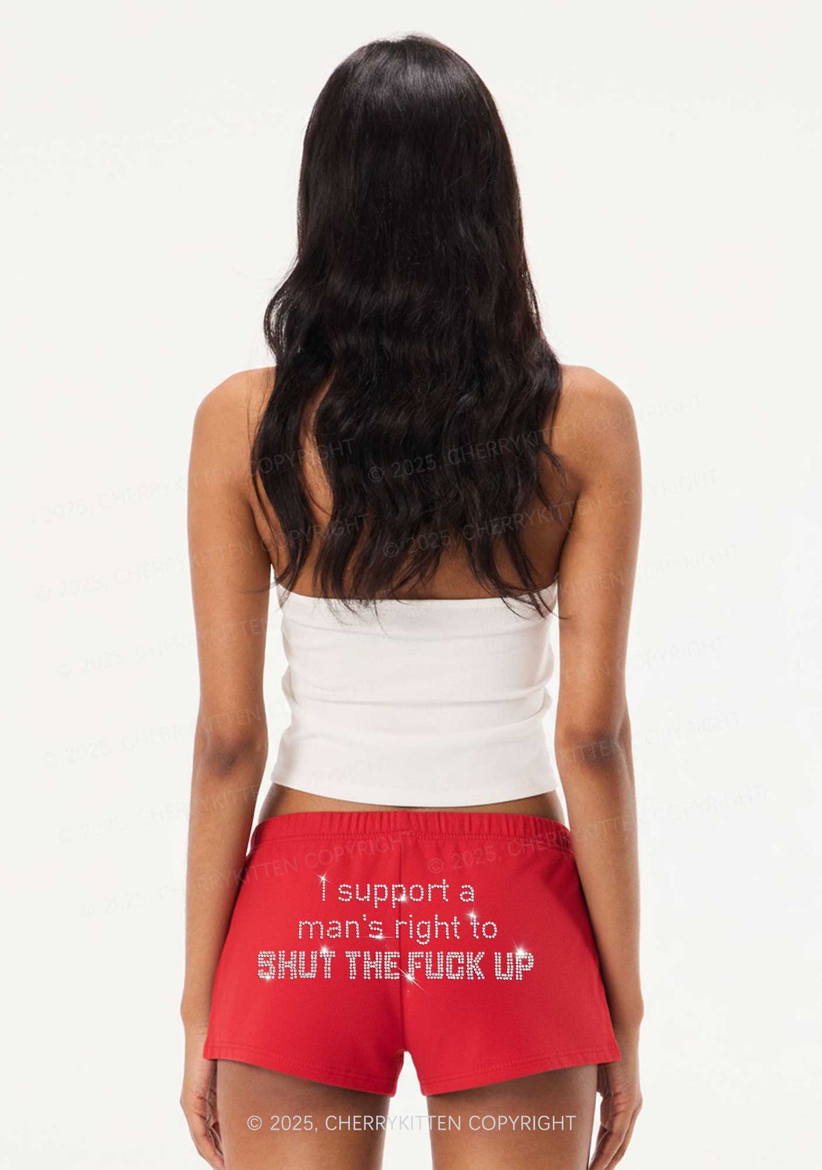 Rhinestone I Support A Mans Right Y2K Drawstring Mini Shorts Cherrykitten