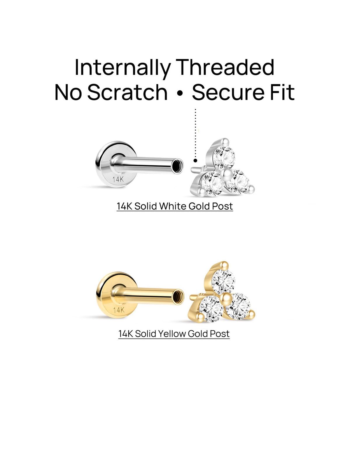 KOSINER 14K Solid Gold Minimalist Trinity Flat Back Stud