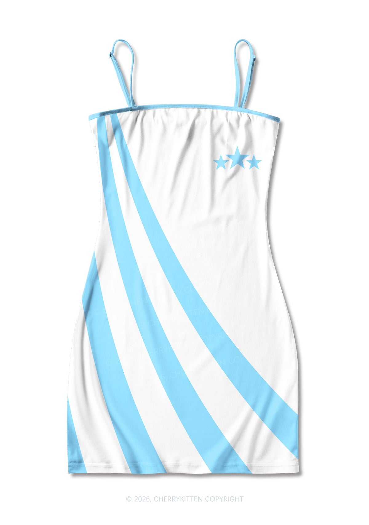 Three Stars Blue Stripes Y2K Print Slip Dress Cherrykitten