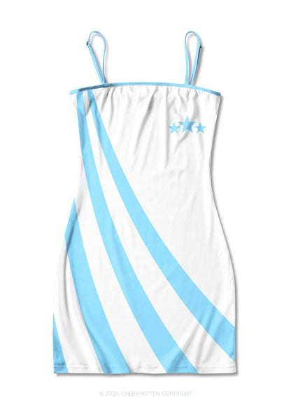 Three Stars Blue Stripes Y2K Print Slip Dress Cherrykitten