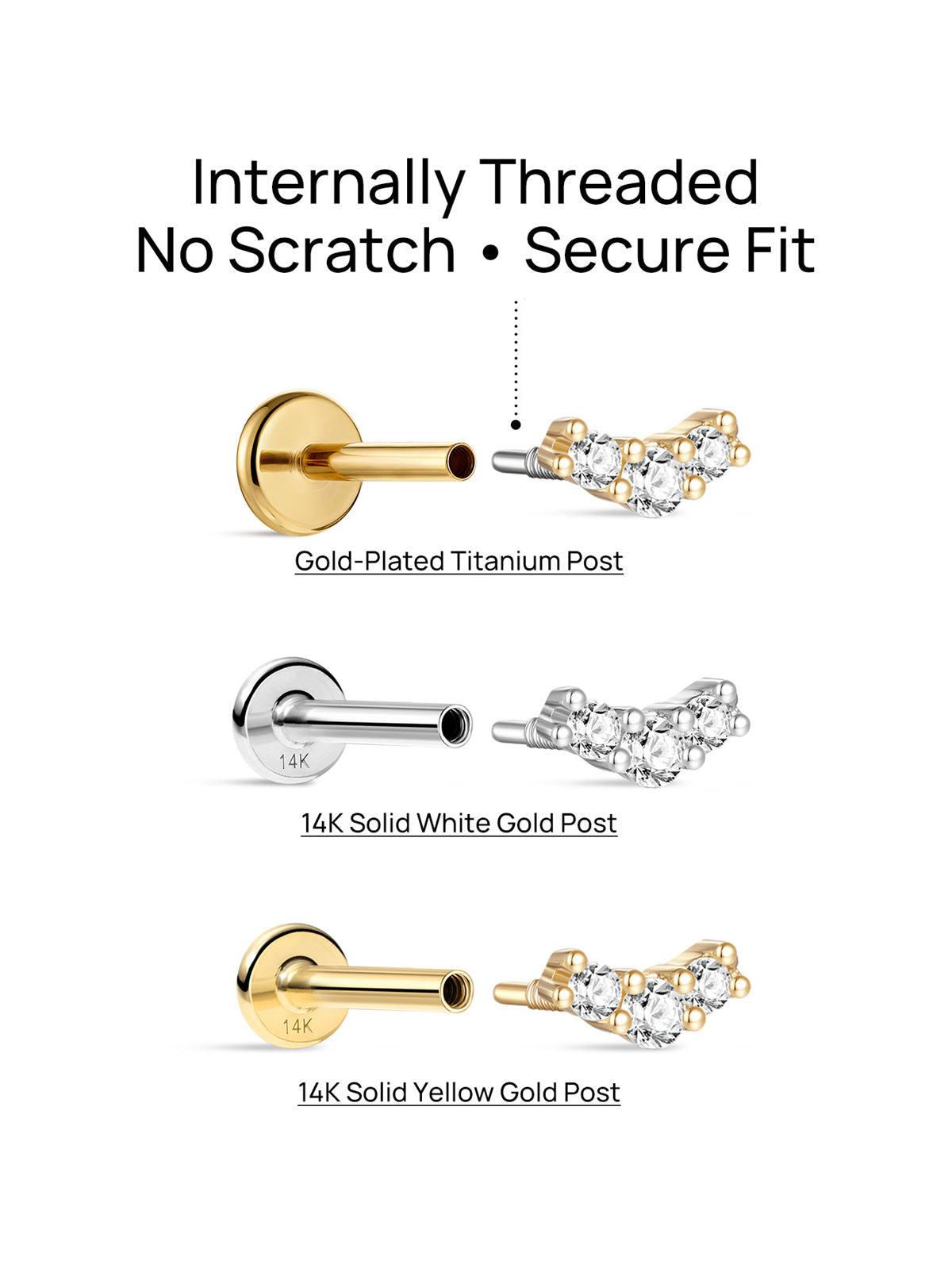 KOSINER 14K Solid Gold Delicate Pave Curved Flat Back Stud