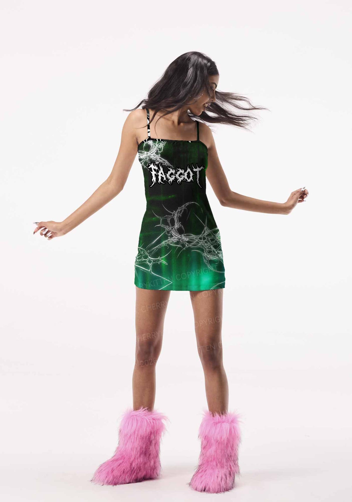 Green Gothic Faggot Pride Y2K Print Slip Dress Cherrykitten