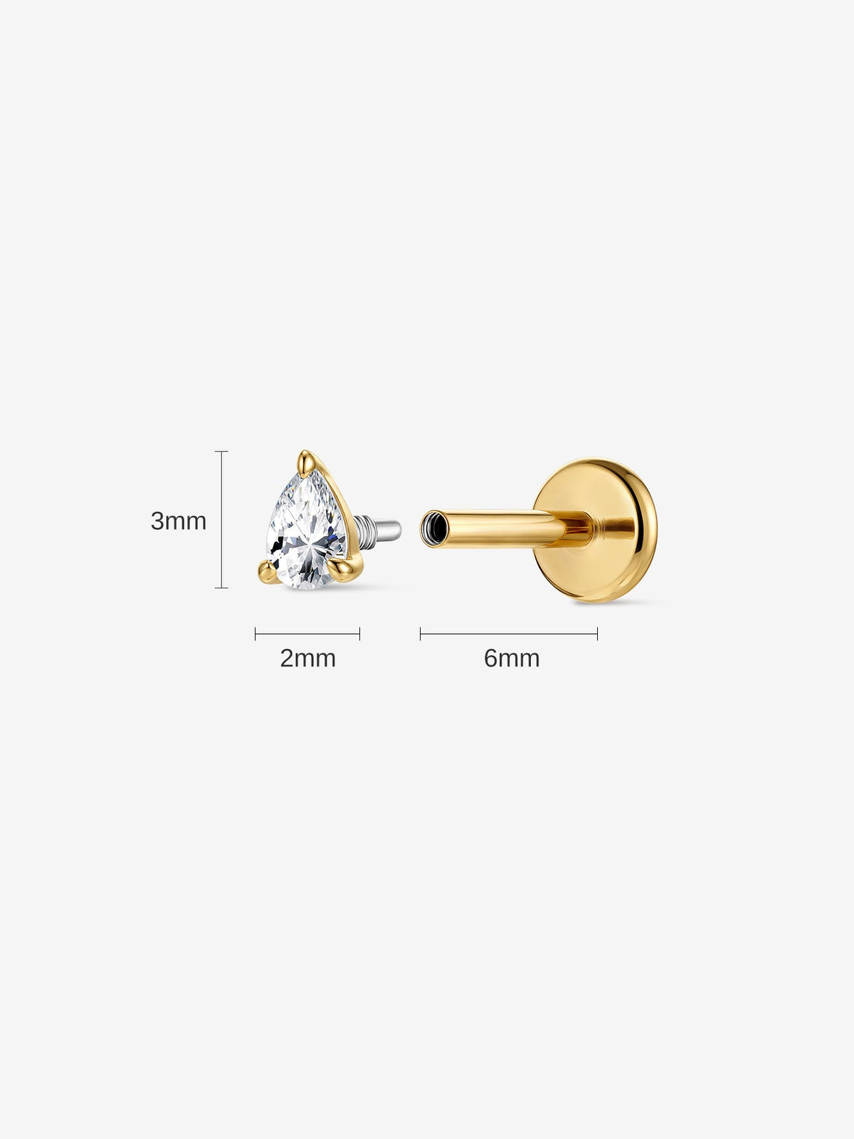 KOSINER 14K Solid Gold Pear Lab-Grown Diamond Flat Back Stud