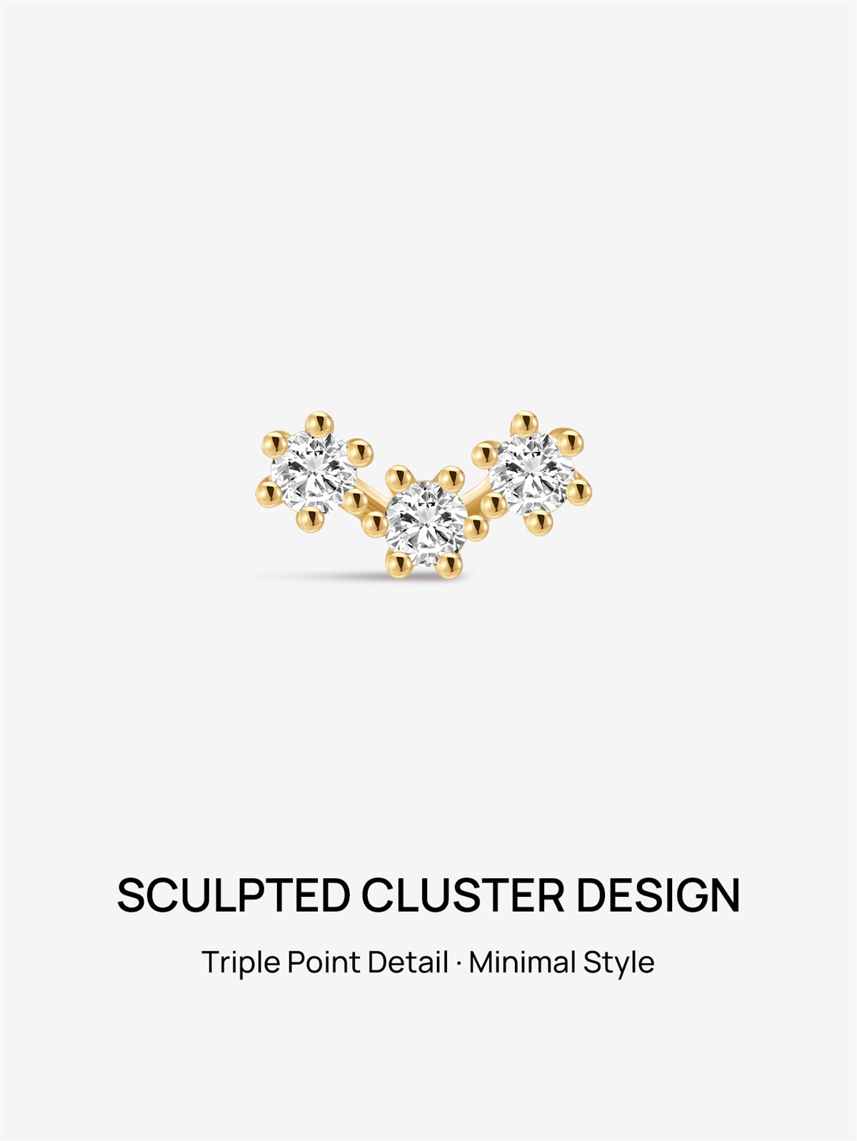 KOSINER 14K Solid Gold Delicate Triple-Point Cluster Flat Back Stud