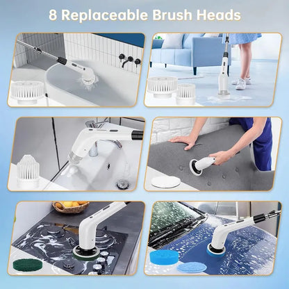 Cordless Electric Spin Scrubber, 8 Replaceable Brush Heads, 3-Length Extendable Handle, Dual-Speed, IPX7 Waterproof & USB-C Rechargeable