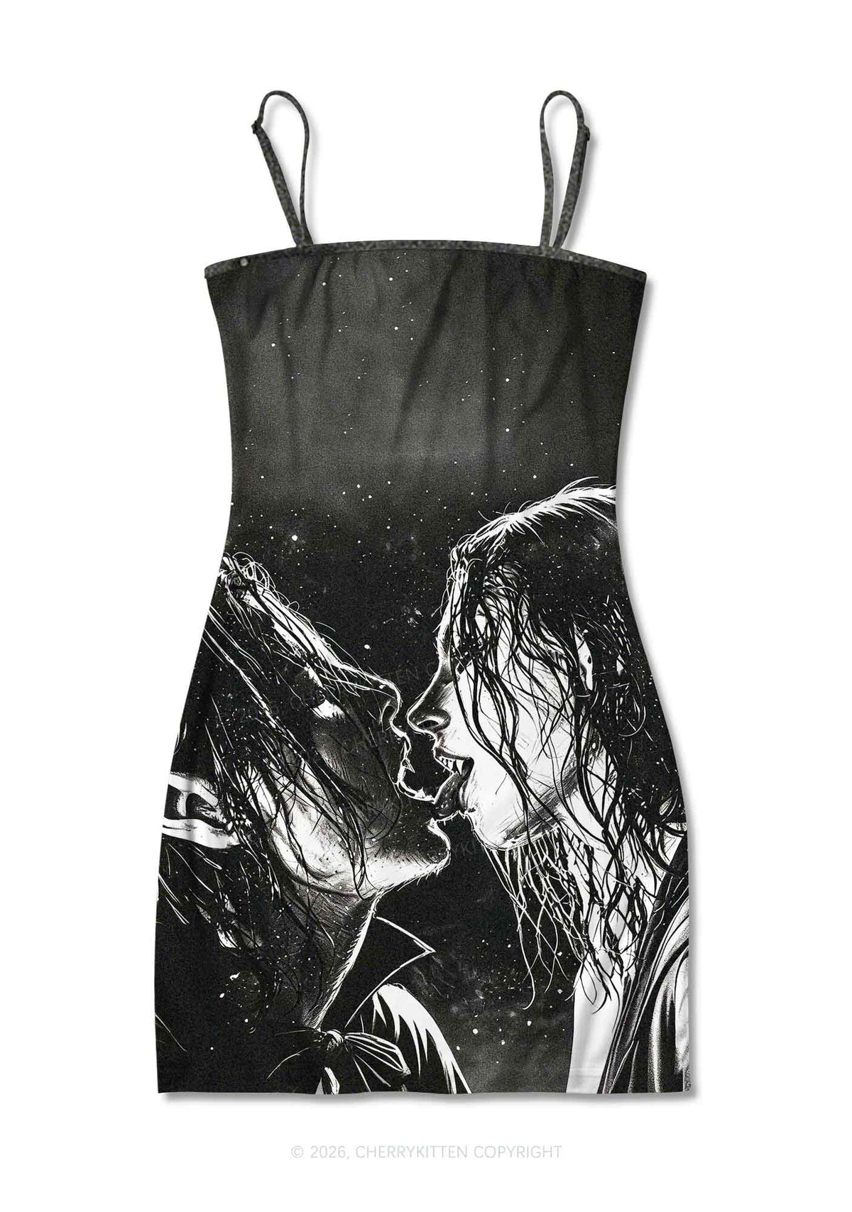 Halloween Two Vampire Figures Y2K Print Slip Dress Cherrykitten