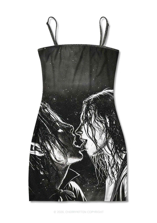 Halloween Two Vampire Figures Y2K Print Slip Dress Cherrykitten