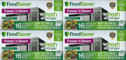 FoodSaver 1-Quart Freeze 'n Steam Microwavable Single-Cooking Bags, 16 Count, Clear (Pack of 8)