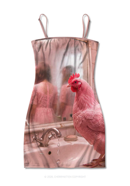 Pink Lace Chicken Y2K Print Slip Dress Cherrykitten