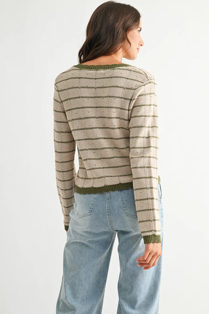 Olive Striped Cardigan with Gold Buttons