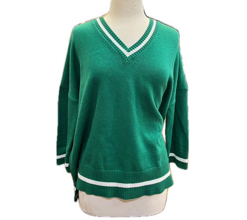 Montauk V-Neck Sweater-Green/White