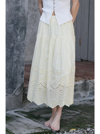 Tiered Embroidered Eyelet Midi Skirt- Butter