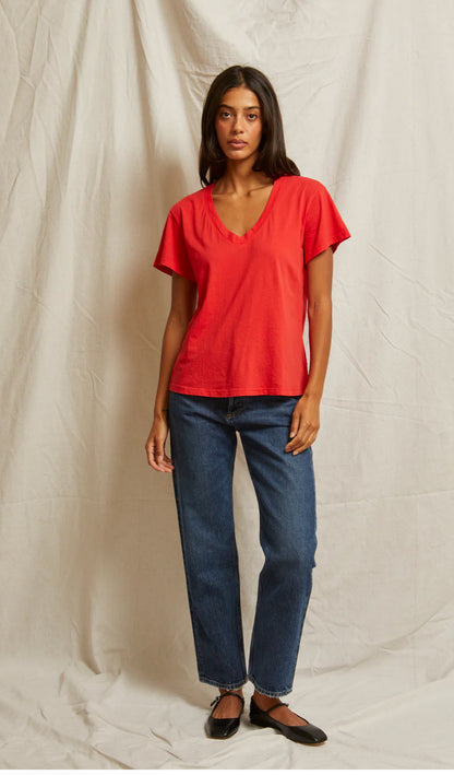 Hendrix Boxy V Neck Tee-Poppy Red