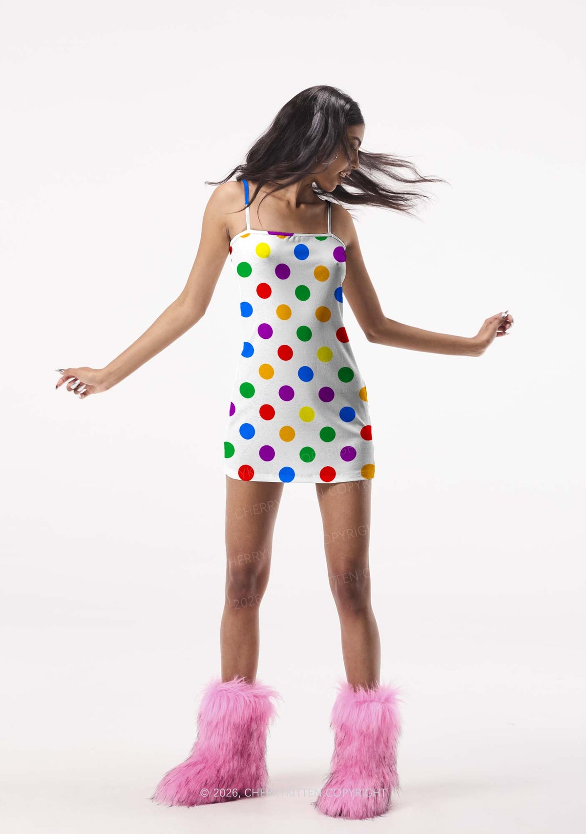 Rainbow Dots On White Pride Y2K Print Slip Dress Cherrykitten