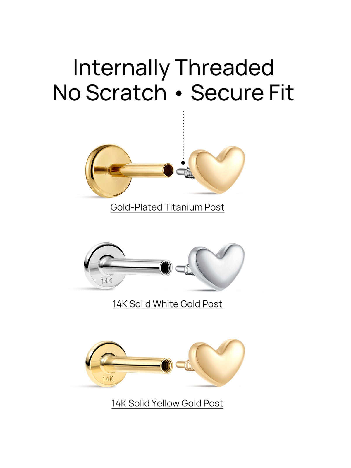 KOSINER 14K Solid Gold Dainty SweetHeart Flat Back Stud