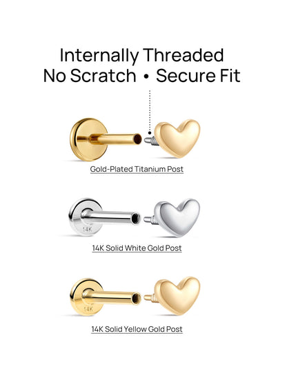 KOSINER 14K Solid Gold Dainty SweetHeart Flat Back Stud