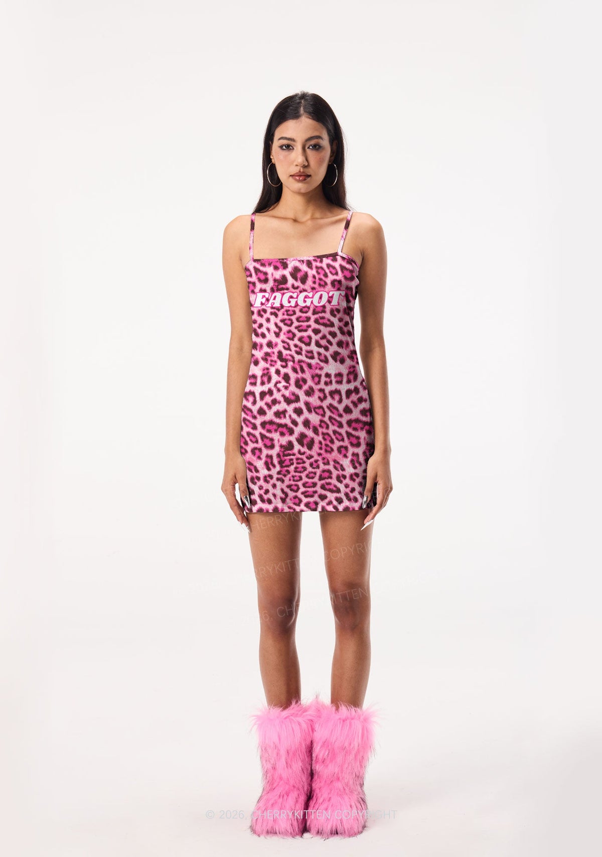 Pink Leopard Faggot Pride Y2K Print Slip Dress Cherrykitten