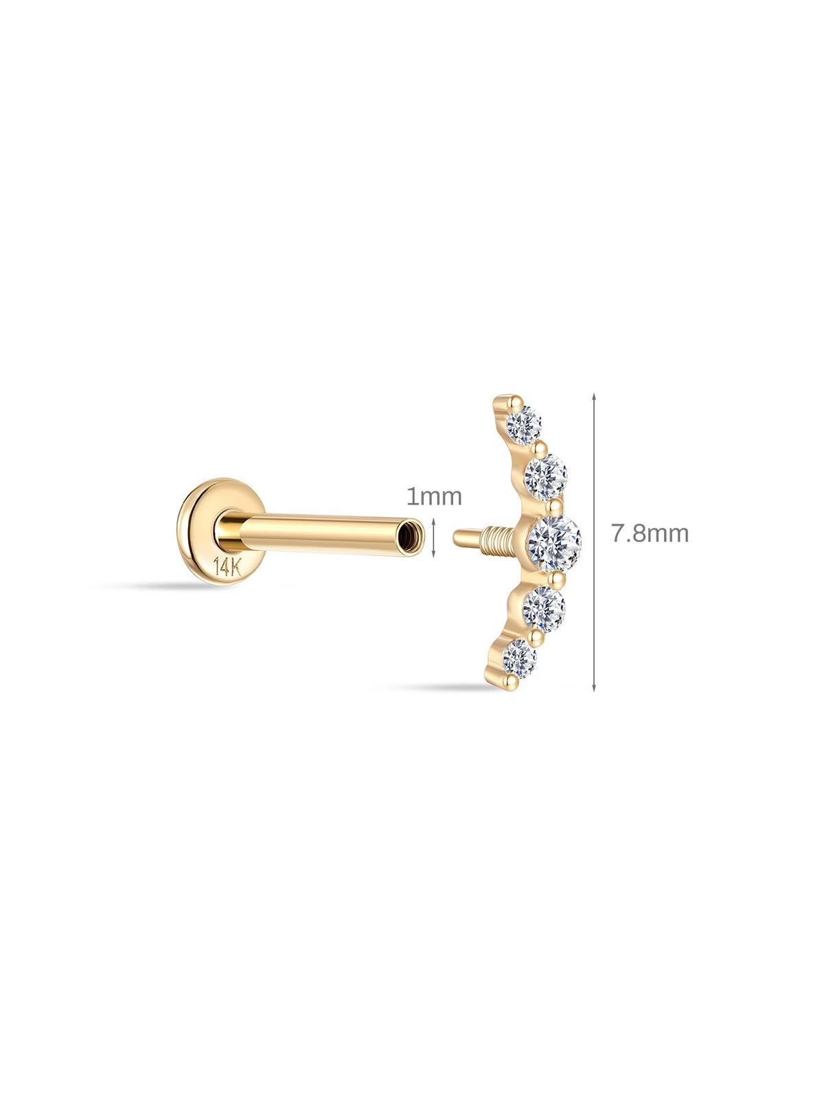 KOSINER 14K Solid Gold Dainty Pave Crescent Flat Back Stud
