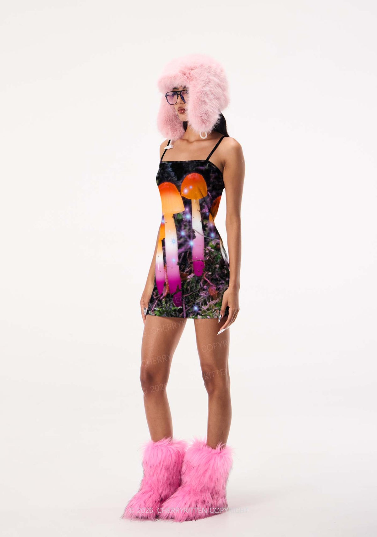 Lesbian Glowing Mushroom Pride Y2K Print Slip Dress Cherrykitten