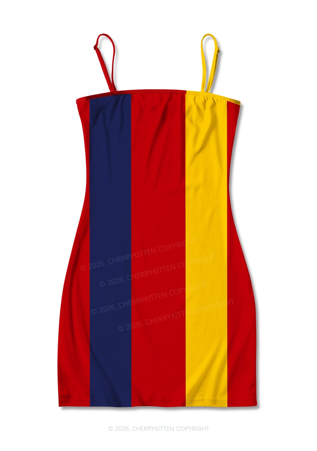 Red Navy Yellow Vertical Stripe Y2K Print Slip Dress Cherrykitten