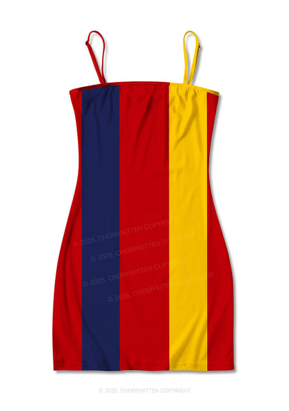 Red Navy Yellow Vertical Stripe Y2K Print Slip Dress Cherrykitten