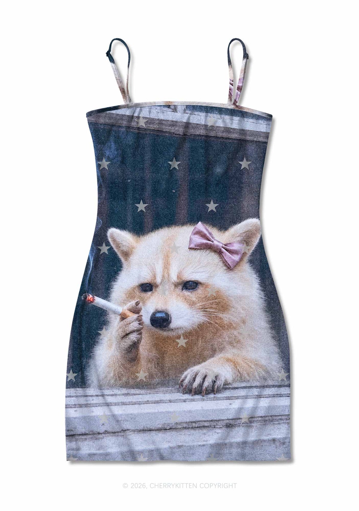 Pink Bow Smoking Raccoon Y2K Print Slip Dress Cherrykitten